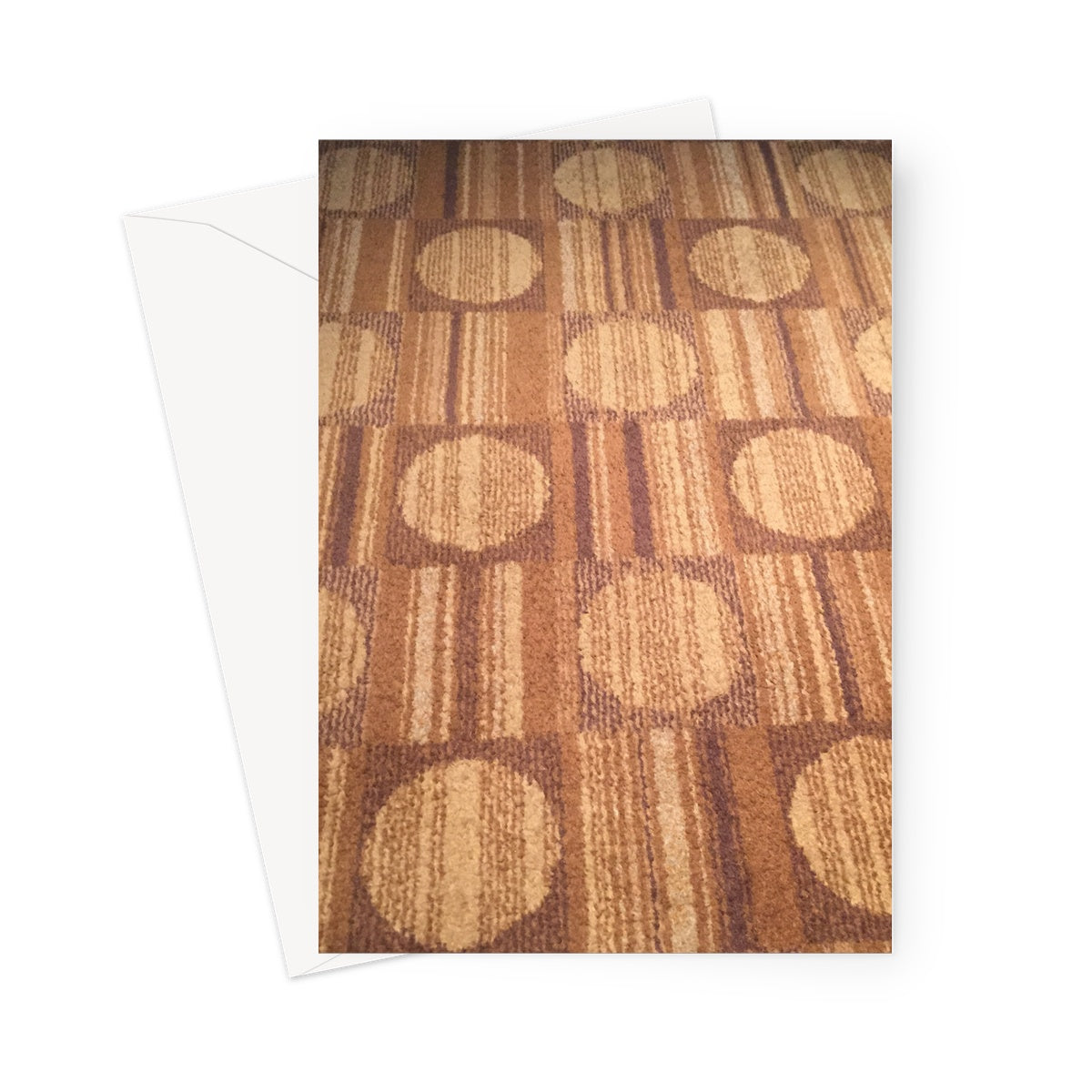 Fabulous retro style carpet with brown circles and stripes is a closeup image in this funky greeting card
