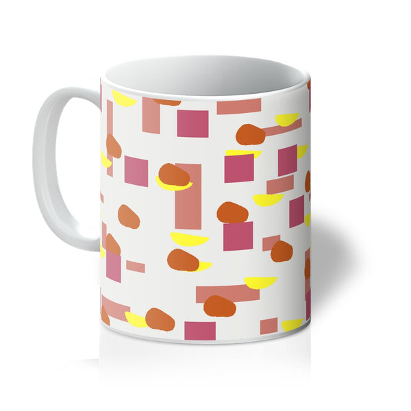 Mid-Century Modern retro 50s style coffee mug inspired by Alexander Girard in tones of  tones of orange, purple, red and yellow