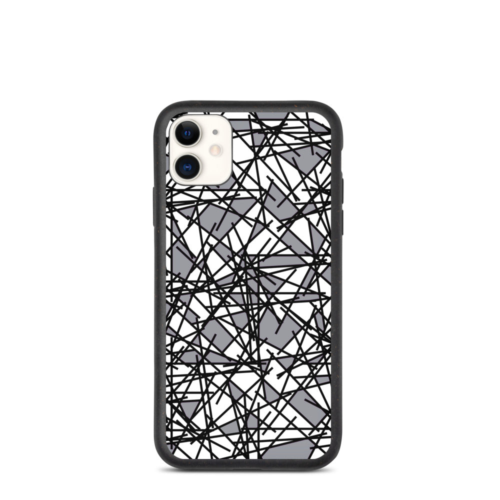 Grey Scribbles Postmodern 80s Style Design Biodegradable Memphis iPhone Case in a grey, black and white shattered shards design by BillingtonPix