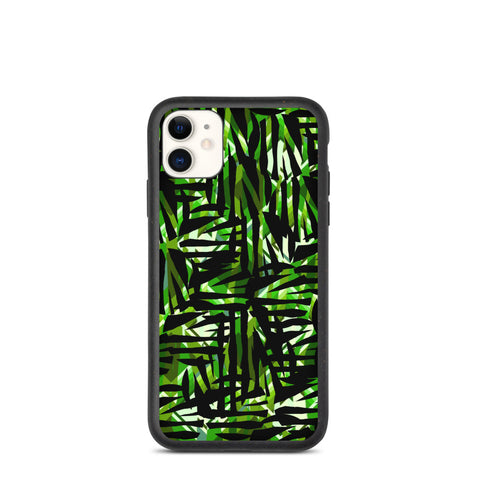Green Contemporary Retro 30s Style Surface Pattern biodegradable phone case from our Distorted Geometric Collection. The emerald, turquoise and taupe geometric shaped tones embedded into the pattern design behind the black camouflage pattern give this art work a luxurious quality, that lends itself to an escapism with its vivid colors, fantastical shapes and overriding sense of mystery.
