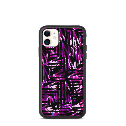 Pink Contemporary Retro 30s Style Surface Pattern biodegradable phone case from our Distorted Geometric Collection. The pink, purple and blue geometric shaped tones embedded into the pattern design behind the black camouflage pattern give this art work a luxurious quality, that lends itself to an escapism with its vivid colors, fantastical shapes and overriding sense of mystery.