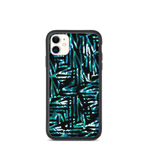 Turquoise Contemporary Retro 30s Style Surface Pattern biodegradable phone case from our Distorted Geometric Collection. The turquoise, taupe and green geometric shaped tones embedded into the pattern design behind the black camouflage pattern give this art work a luxurious quality, that lends itself to an escapism with its vivid colors, fantastical shapes and overriding sense of mystery
