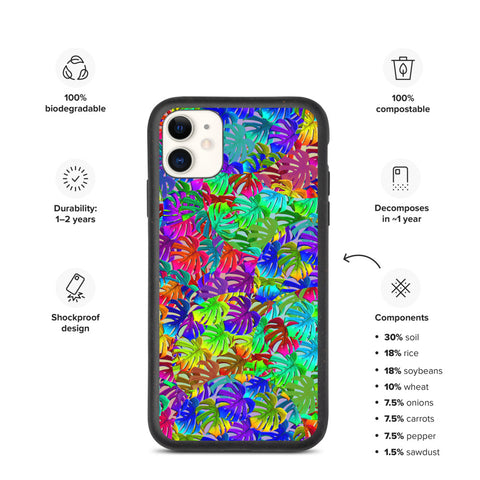 Rainbow colored pattern of circular overlays containing different tones of monstera leaves. Bright, bold and fun and teeming with 80s Memphis style influence. Biodegradable phone case Memphis pattern design. 