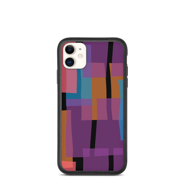 Multicolored geometric shapes against a contrasting black background in this mid-century modern vintage 60s style patterned biodegradable phone case.