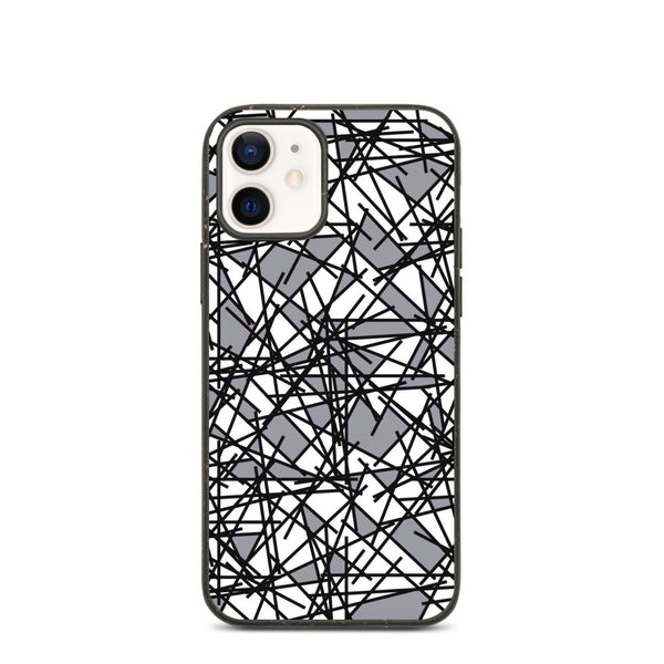 Grey Scribbles Postmodern 80s Style Design Biodegradable Memphis iPhone Case in a grey, black and white shattered shards design by BillingtonPix