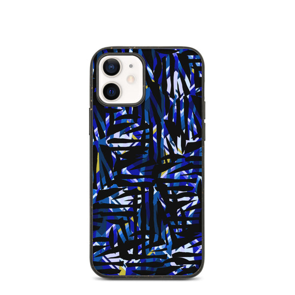 Blue Contemporary Retro 30s Style Surface Pattern biodegradable phone case from our Distorted Geometric Collection. The blue, turquoise and yellow geometric shaped tones embedded into the pattern design behind the black camouflage pattern give this art work a luxurious quality, that lends itself to an escapism with its vivid colors, fantastical shapes and overriding sense of mystery.