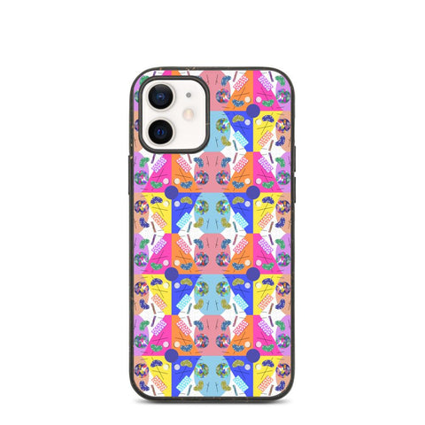 Cute 80s Memphis style phone case for iPhone. Abstract patterned design in spectrum of colors and shapes like a blue and orange kaleidoscope.