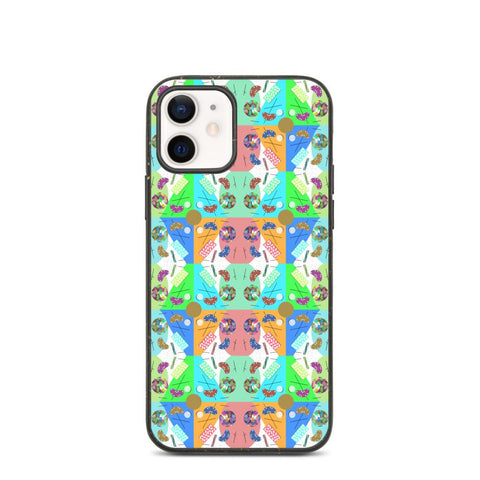 Cute 80s Memphis style phone case for iPhone. Abstract patterned design in spectrum of colors and shapes like a orange and blue kaleidoscopic pattern