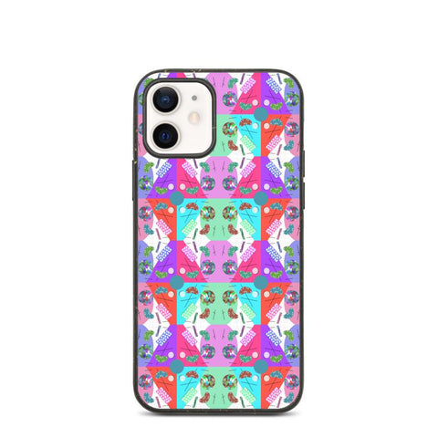 Cute 80s Memphis style phone case for iPhone. Abstract patterned design in spectrum of colors and shapes like a kaleidoscope.