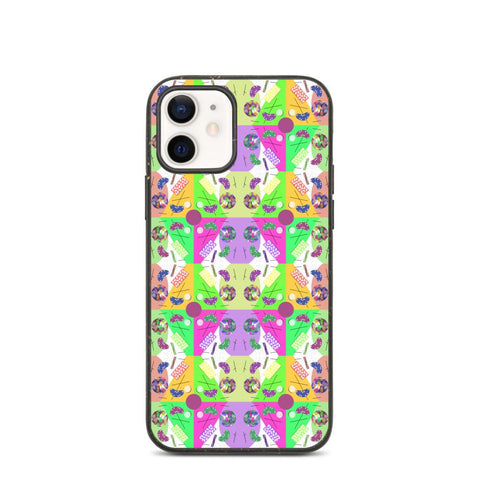Cute 80s Memphis style phone case for iPhone. Abstract patterned design in spectrum of colors and shapes like a kaleidoscope.