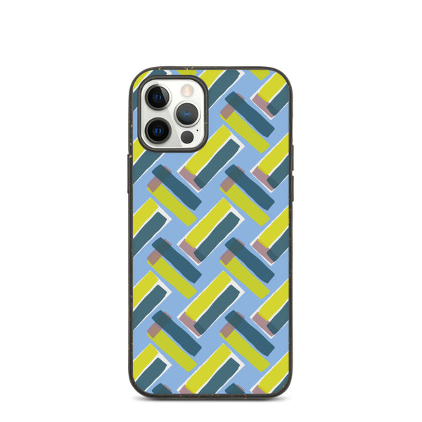 The vintage style graphic design printed on the front of this patterned phone cover consists of diagonal color blocks in an alternating criss-cross format on a cerulean blue background
