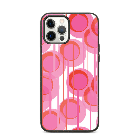 This Mid-Century Modern style biodegradable phone case consists of colorful geometric circular shapes in various tones of pink, connected vertically by narrow tentacles to form and almost hanging mobile type abstract circular pattern on a white background