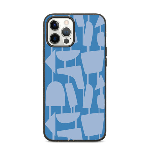 This Mid-Century Modern style phone cover consists of colorful irregular shapes in cerulean blue, connected vertically by narrow tentacles to form and almost hanging mobile type abstract circular pattern on a French blue background