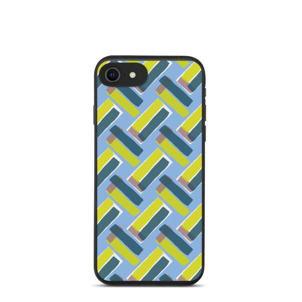 The vintage style graphic design printed on the front of this patterned phone cover consists of diagonal color blocks in an alternating criss-cross format on a cerulean blue background