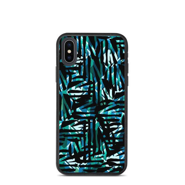 Turquoise Contemporary Retro 30s Style Surface Pattern biodegradable phone case from our Distorted Geometric Collection. The turquoise, taupe and green geometric shaped tones embedded into the pattern design behind the black camouflage pattern give this art work a luxurious quality, that lends itself to an escapism with its vivid colors, fantastical shapes and overriding sense of mystery