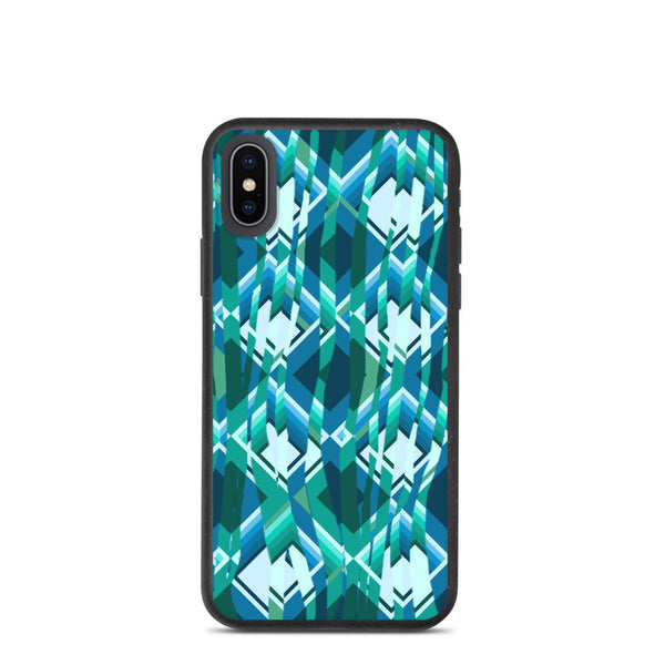 Abstract geometric design overlaid with a fractured style that gives a sense of distortion to this turquoise phone case. Injections of green color add to this vibrant but skewed abstract design.