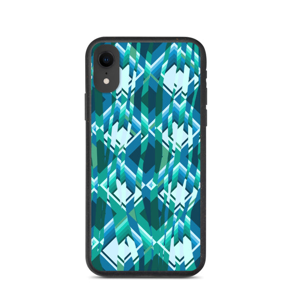 Abstract geometric design overlaid with a fractured style that gives a sense of distortion to this turquoise phone case. Injections of green color add to this vibrant but skewed abstract design.