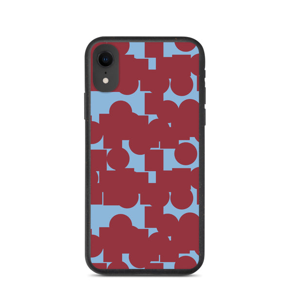 This Mid-Century Modern style phone cover consists of vermillion red colored geometric shapes on a cerulean blue background
