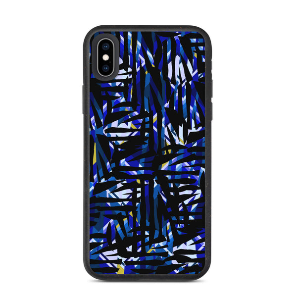 Blue Contemporary Retro 30s Style Surface Pattern biodegradable phone case from our Distorted Geometric Collection. The blue, turquoise and yellow geometric shaped tones embedded into the pattern design behind the black camouflage pattern give this art work a luxurious quality, that lends itself to an escapism with its vivid colors, fantastical shapes and overriding sense of mystery.