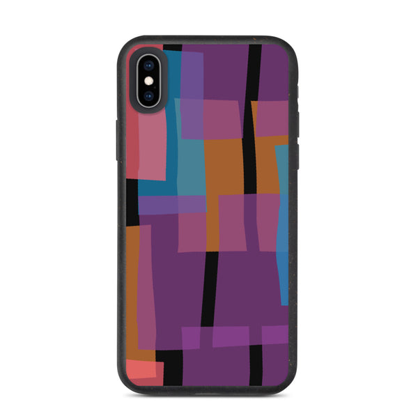 Multicolored geometric shapes against a contrasting black background in this mid-century modern vintage 60s style patterned biodegradable phone case.