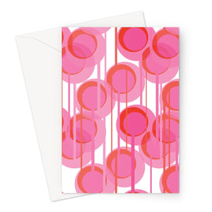 This Mid-Century Modern style greetings card consists of colorful geometric circular shapes in various tones of pink, connected vertically by narrow tentacles to form and almost hanging mobile type abstract circular pattern on a white background