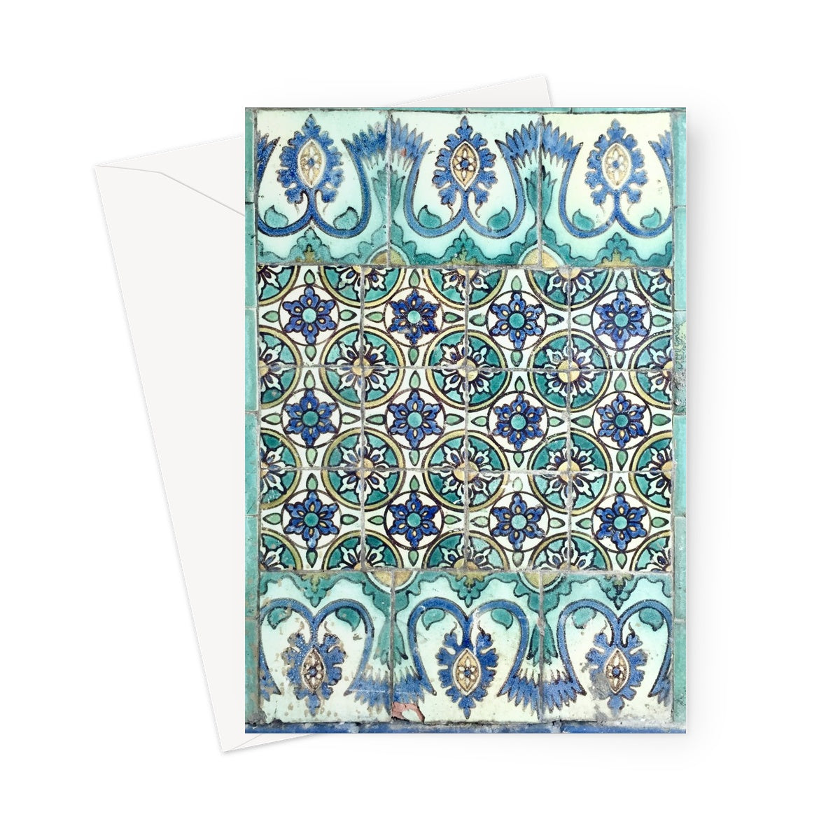 Detail of floor tiles from Biltmore Hotel, Miami showing blues and turquoises in circles and stylised flower shapes in this greeting card