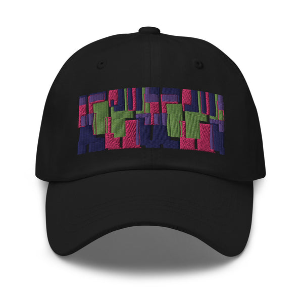 Black colored dad hat with retro 60s style geometric pattern logo in threads of lime green, pink, purple and indigo