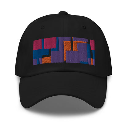 Colorful pink, orange, purple and blue geometric shapes patterned rectangular logo on this black colored dad hat