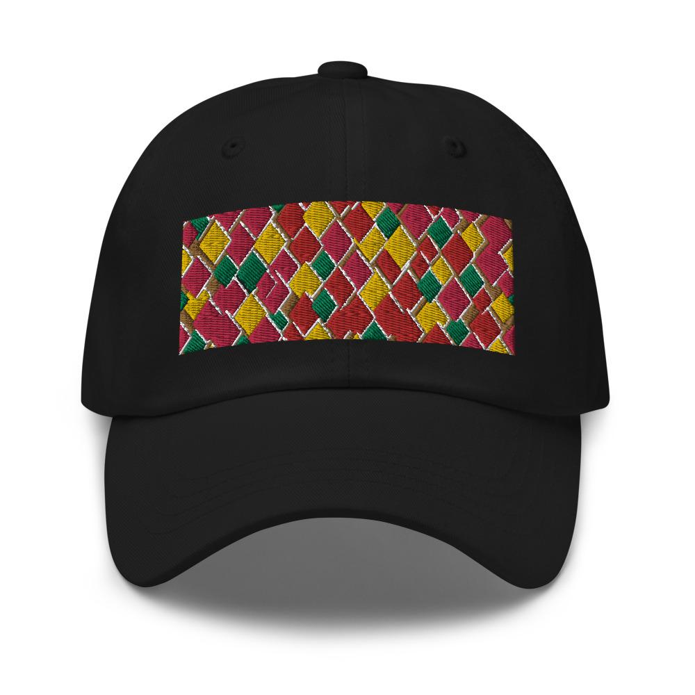 Geometric diamond shaped rectangular logo in pink, orange, yellow and green in this 60s inspired black colored dad cap