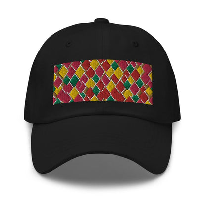 Geometric diamond shaped rectangular logo in pink, orange, yellow and green in this 60s inspired black colored dad cap