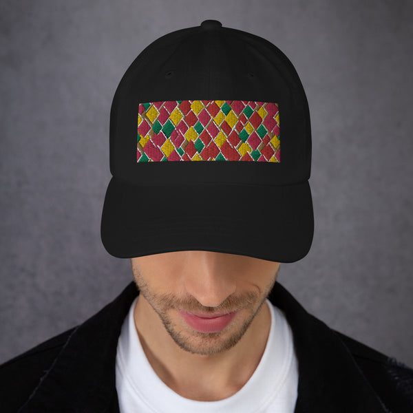 Geometric diamond shaped rectangular logo in pink, orange, yellow and green in this 60s inspired black colored dad cap