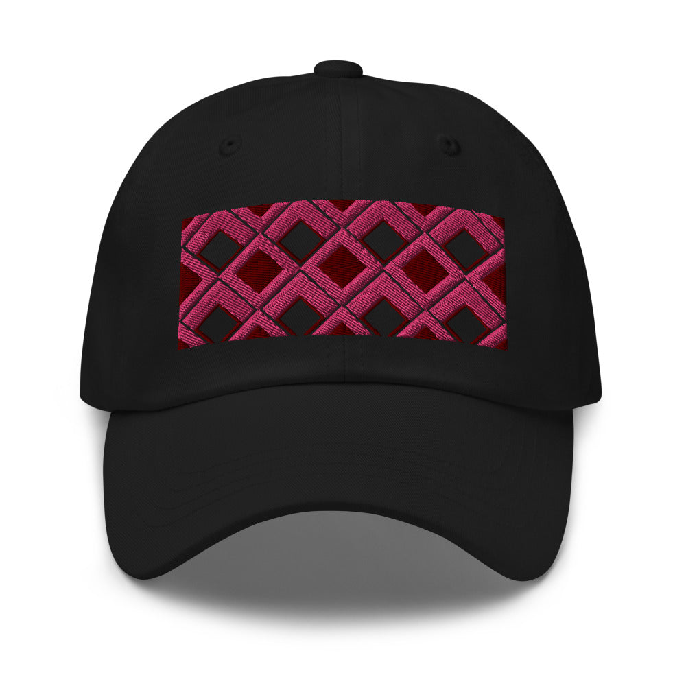 Pink diamonds with pink, burgundy and navy tones in this geometric 1960s inspired retro design logo on this dad hat