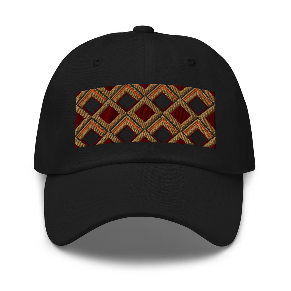 Brown diamonds with burgundy, orange and navy tones in this geometric 1960s inspired retro design logo on this dad hat