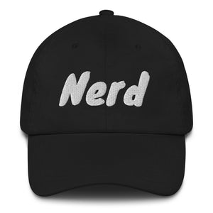Dad hat with the slogan Nerd in white thread against coloured caps by BillingtonPix