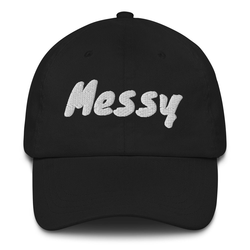 Slogan dad hat with the message Messy embroidered in front of this cap by BillingtonPix