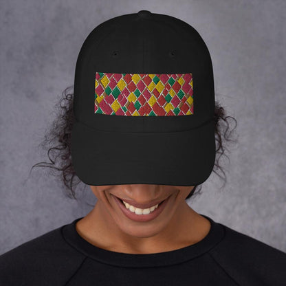 Geometric diamond shaped rectangular logo in pink, orange, yellow and green in this 60s inspired black colored dad cap