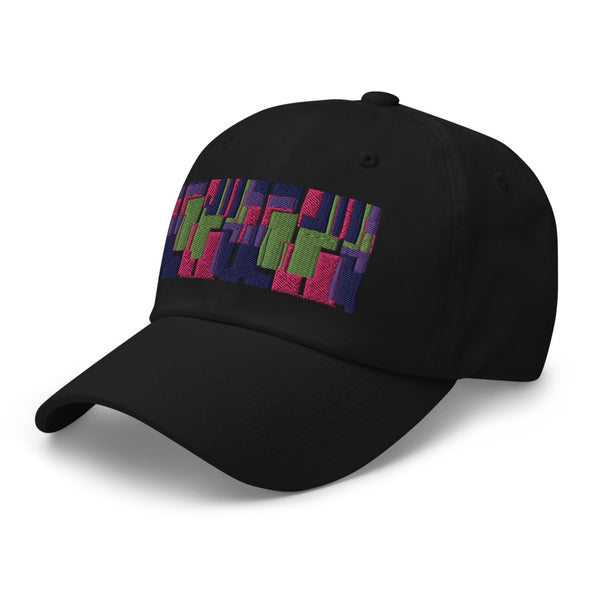 Black colored dad hat with retro 60s style geometric pattern logo in threads of lime green, pink, purple and indigo