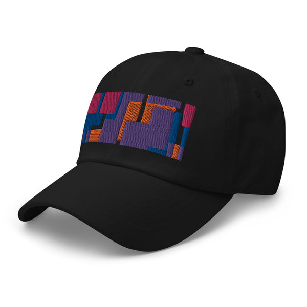 Colorful pink, orange, purple and blue geometric shapes patterned rectangular logo on this black colored dad hat