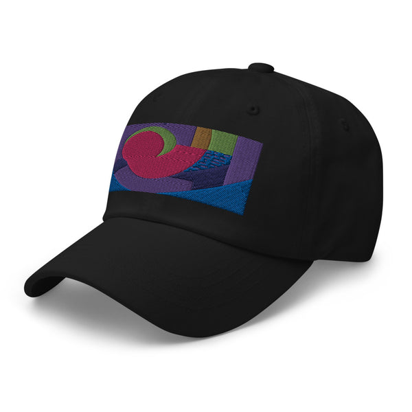 Black dad hat with colorful rectangular logo containing blocks of colors of pink, purple, green and blue, curves and geometric shapes in a mid-century modernist abstract composition