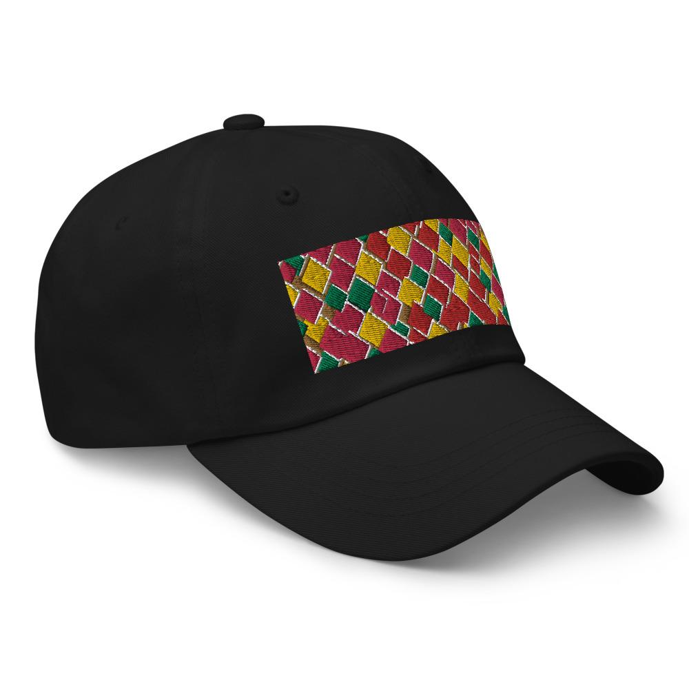 Geometric diamond shaped rectangular logo in pink, orange, yellow and green in this 60s inspired black colored dad cap