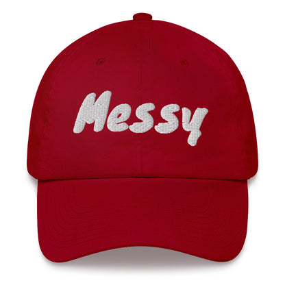 Slogan dad hat with the message Messy embroidered in front of this cap by BillingtonPix