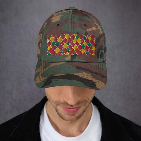 Geometric diamond shaped rectangular logo in pink, orange, yellow and green in this 60s inspired green camo colored dad cap