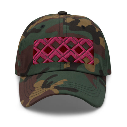 Pink diamonds with pink, burgundy and navy tones in this geometric 1960s inspired retro design logo on this dad hat