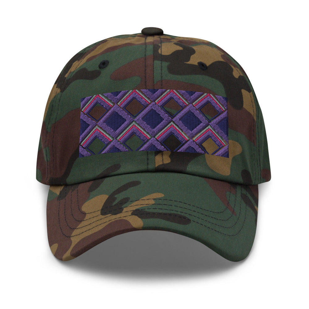 Purple diamonds with purple, navy and pink tones in this geometric 1960s inspired retro design logo on this dad hat