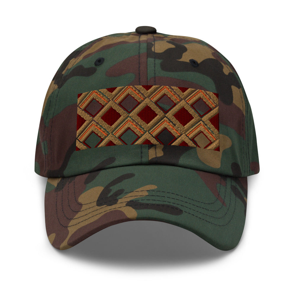 Brown diamonds with burgundy, orange and navy tones in this geometric 1960s inspired retro design logo on this dad hat