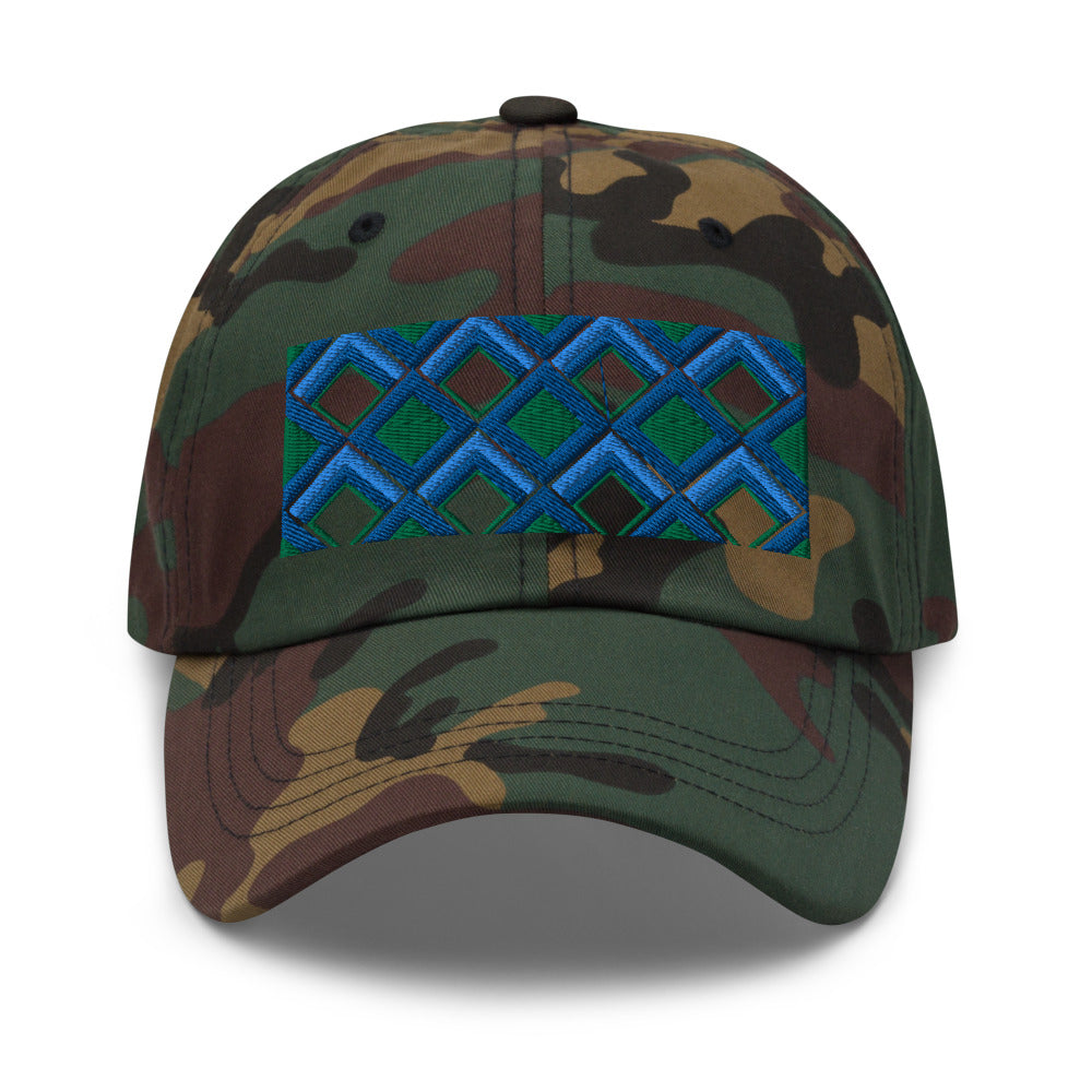 Blue diamonds with green and turquoise tones in this geometric 1960s inspired retro design logo on this dad hat