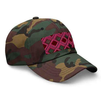 Pink diamonds with pink, burgundy and navy tones in this geometric 1960s inspired retro design logo on this dad hat