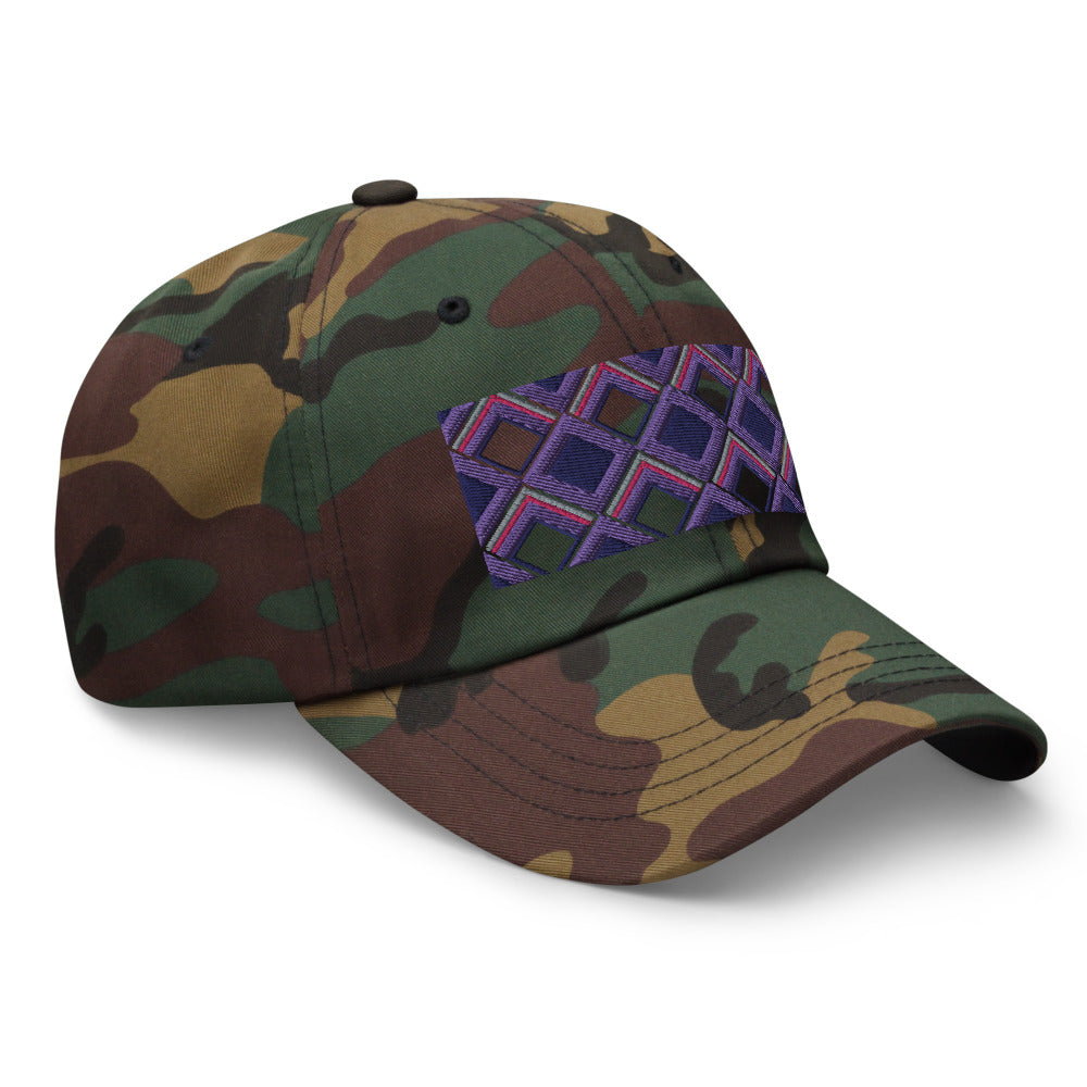 Purple diamonds with purple, navy and pink tones in this geometric 1960s inspired retro design logo on this dad hat