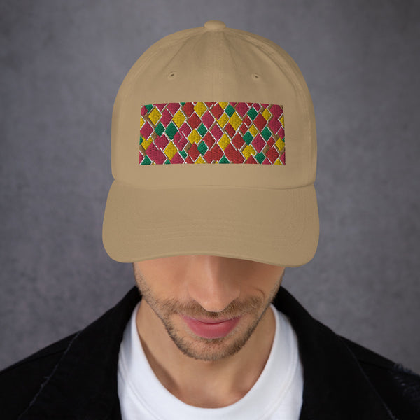 Geometric diamond shaped rectangular logo in pink, orange, yellow and green in this 60s inspired khaki colored dad cap