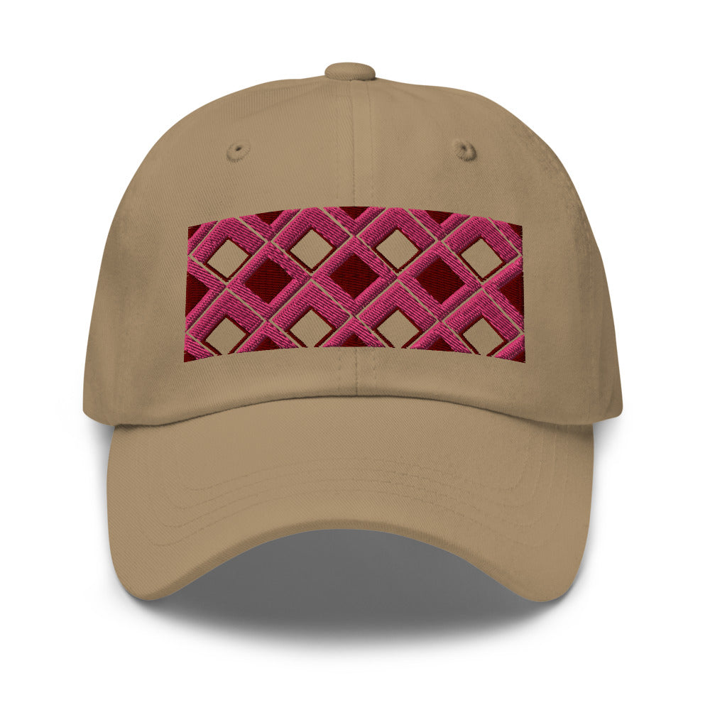 Pink diamonds with pink, burgundy and navy tones in this geometric 1960s inspired retro design logo on this dad hat